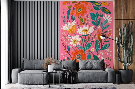 Behang - Fotobehang Roze - Bloemen - Wit - Oranje - Breedte 170 cm x hoogte 260 cm