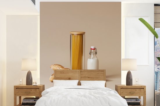 Behang - Fotobehang Spaghetti - Melk - Tomaten - Eieren - Brood - Breedte 165 cm x hoogte 220 cm