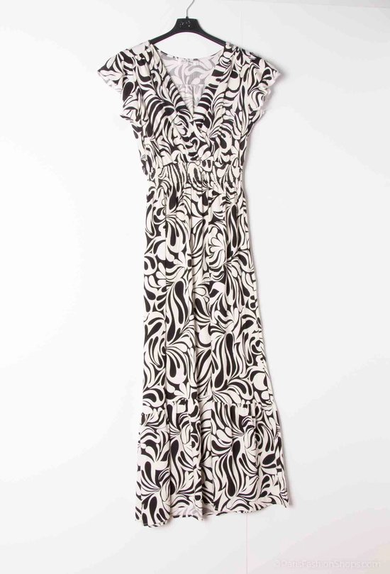 Lange dames jurk Amelia-fantasiemotief-zwart wit-Maat S-strandjurk