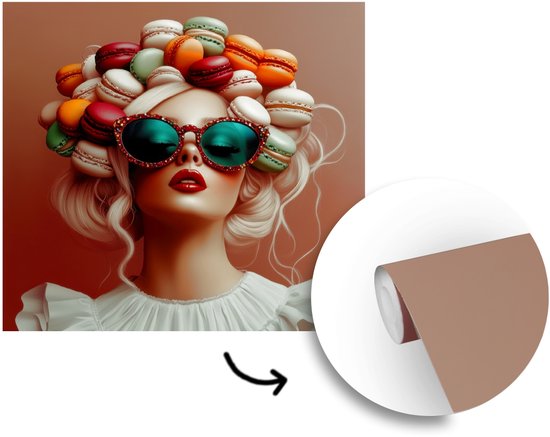Behang - Fotobehang Vrouw - Macarons - Bril - Breedte 220 cm x hoogte 220 cm