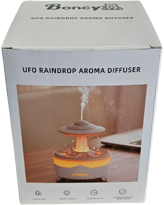 Verpakking van de Boncy UFO Raindrop Aroma Diffuser, met een afbeelding van de grijze diffuser.