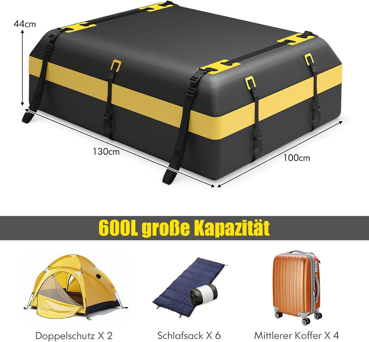 COSTWAY Dakkoffer voor auto, dakkoffer, waterdicht, met 6 deurhaken, cijferslot, antislip mat en draagtas, opvouwbare daktas, bagagebox voor auto's, bestelwagens, SUV's, geel, 600 liter – foto 4