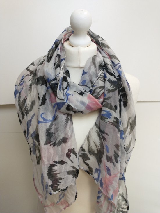 Lange dames sjaal Helga-gebloemd motief-zwart wit roze konings blauw