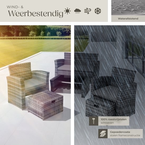 tectake® - wicker tuinzitgroep voor 4 personen met kruk, poly rotan tuinmeubelset met ingebouwde opbergbox in de bank - grijs - incl. beschermhoes