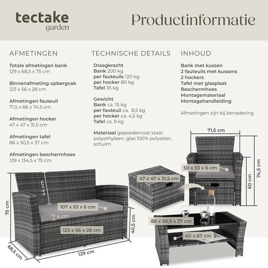 tectake® - wicker tuinzitgroep voor 4 personen met kruk, poly rotan tuinmeubelset met ingebouwde opbergbox in de bank - grijs - incl. beschermhoes