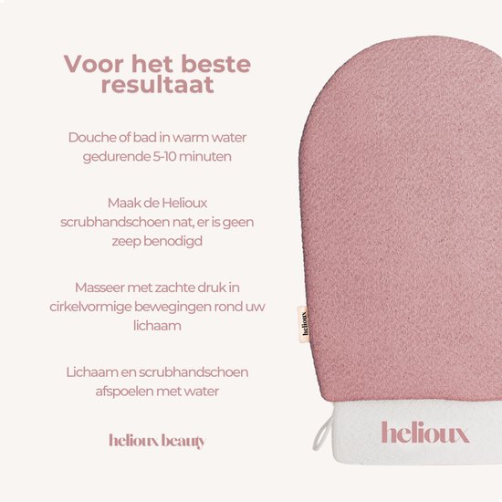 Roze scrubhandschoen met instructies voor gebruik. Gemaakt van 100% natuurlijke viscose.