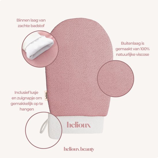 Roze scrubhandschoen met details van de binnen- en buitenlaag. Lusje en zuignap om op te hangen.
