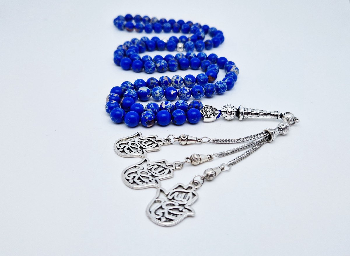 Handgemaakte tesbih "Tasbih" natuursteen " Lapis Lazuli" - Aantal kralen 99 - Diameter kralen 8MM - met metaal tassel "Maryams handpalm" - Een mooi cadeau-idee