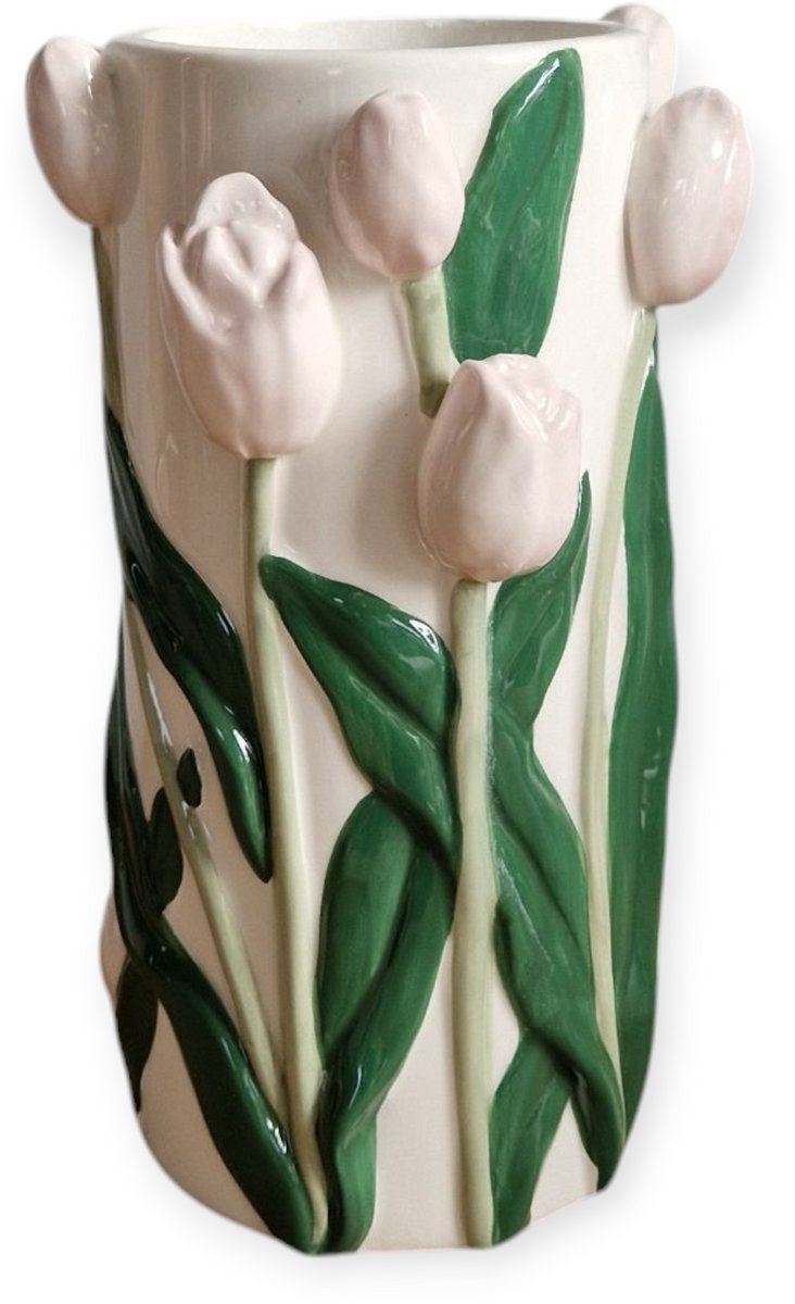 DK design Daan Kromhout - Vaas - Bloemenvaas - Tulpen - Dutch - 14x23 - Cilinder - Keramiek - Licht Roze Groen