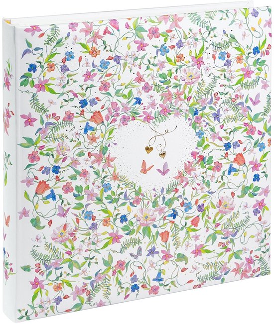 Wit fotoalbum met een hartvormige krans van kleurrijke bloemen en vlinders, met gouden hartjes in het midden.