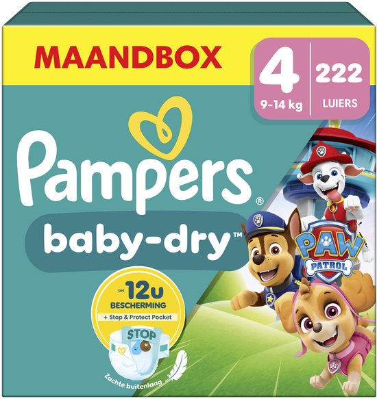 Pampers Baby-Dry - Paw Patrol-editie - Maat 4 (9kg-14kg) - 222 Luiers - Maandbox