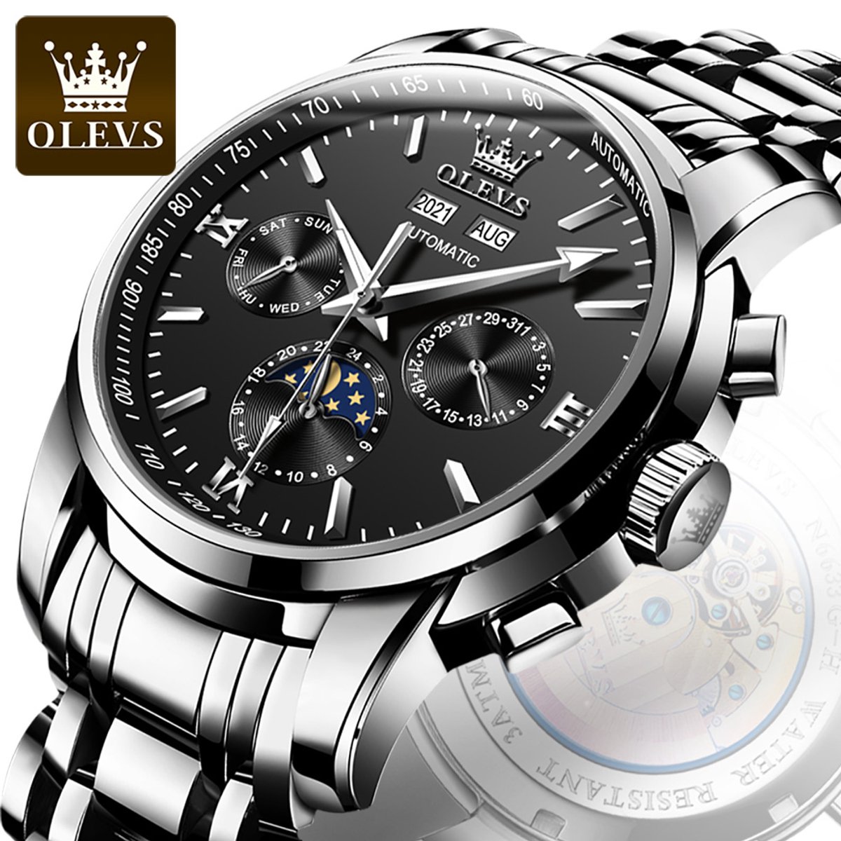 HO-6633.z-zw : OLEVS mechanisch edelstaal horloge, zwarte wijzerplaat, tachymeter, maand-dag, week-dag, jaar, maand, 24u maanfase - aanduiding