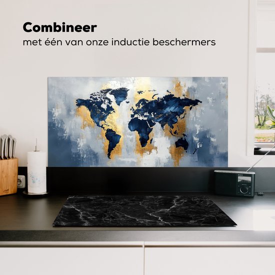 Crédence de Cuisinière en Aluminium 80x40 cm - Carte du monde - Bleu - Abstrait - Écran Pare-éclaboussures pour Plaque de Cuisson - Protection Murale