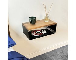 Industrieel zwevend nachtkastje - Moderne wandplank - Houten nachttafel met zwart metalen frame - Minimalistisch en ruimtebesparend design
