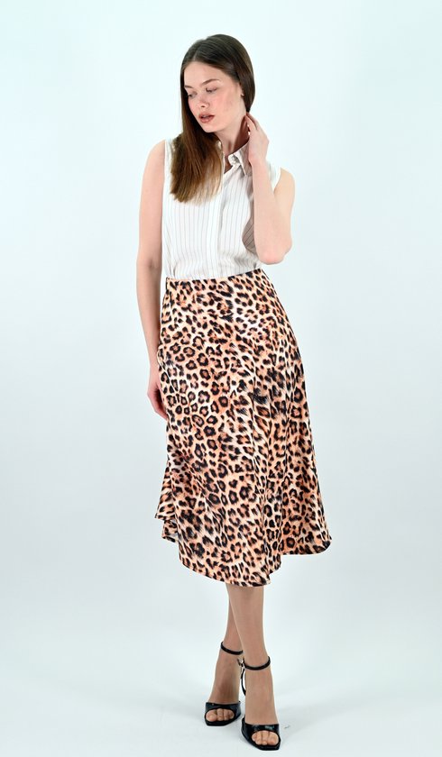 YesMooi - Jupe mi-longue en satin - Léopard - L (40)