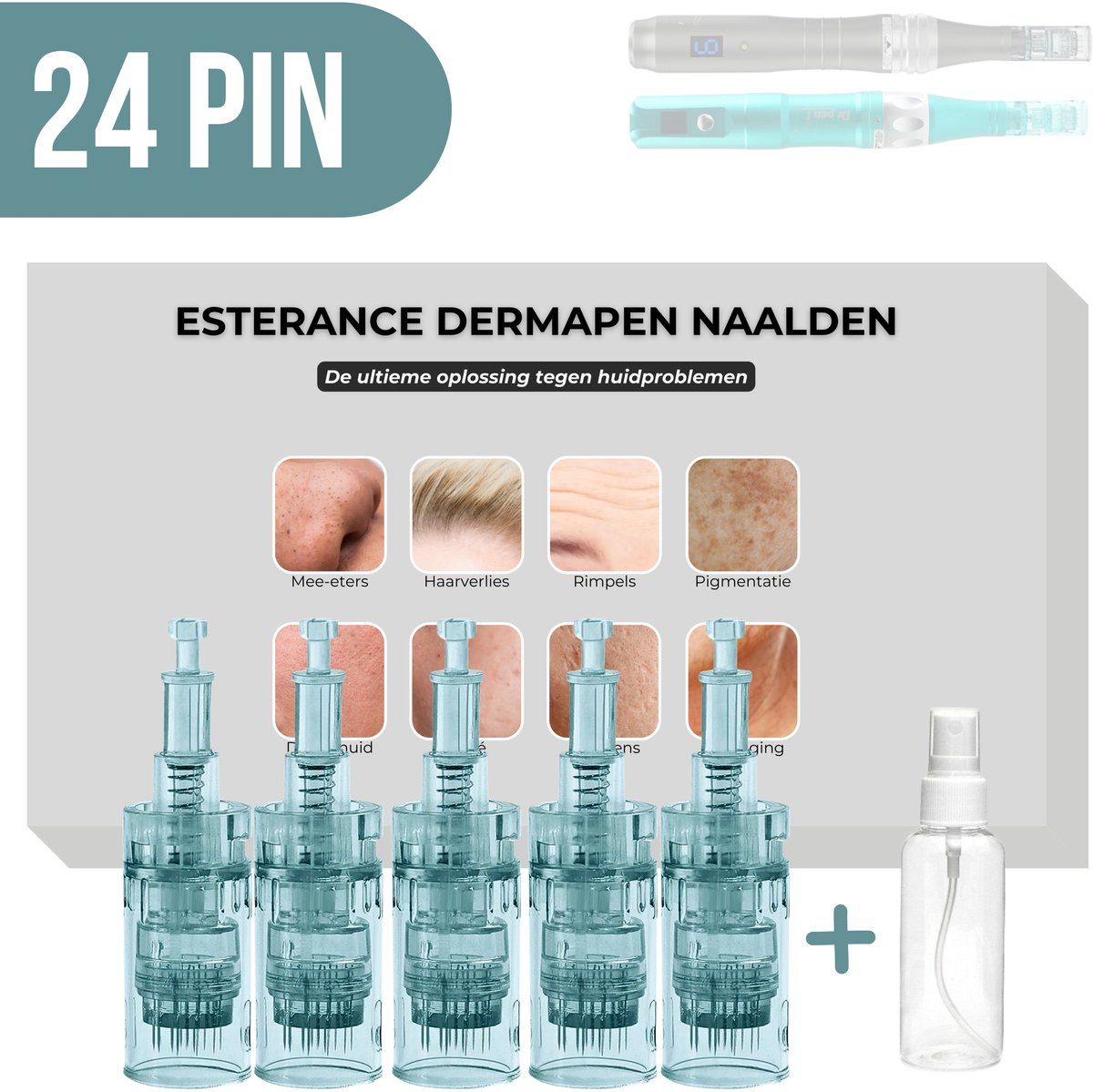 Dermapen Naalden voor Dr.pen Ultima M8 - 24 PIN naalden - Microneedling cartidges - Vervangende naaldkoppen - Anti-aging - Huidverzorging - GESCHIKT VOOR DR.PEN ULTIMA M8 - 5 stuks naalden - Inclusief Sprayflesje 50 ml per bestelling