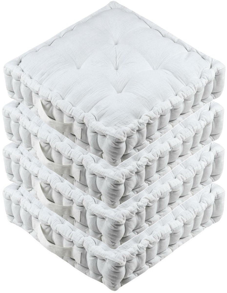 Stof Textile Vloerkussen Maxime - 4x - wit - katoen - 45 x 45 x 10 cm - vierkant - Extra dik - extra zitplaatsen - spelen - gamen - relaxen