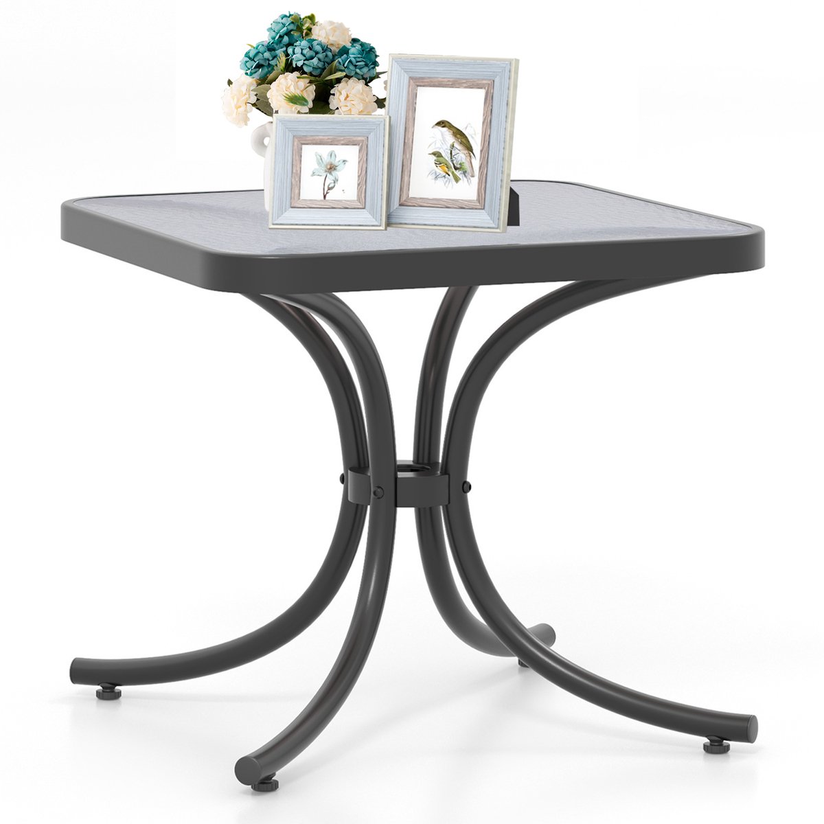 COSTWAY Bijzettafel, kleine tuintafel, weerbestendige balkontafel, vierkante koffietafel met tafelblad van gehard glas, voor balkon, tuin, terras, 50 x 50 x 45 cm