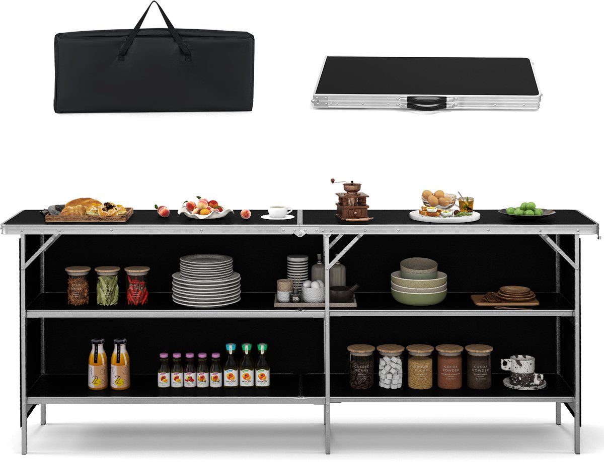 COSTWAY Campingkast, opvouwbaar, draagbare campingkeuken met 2 verdiepingen, aluminium frame, inclusief draagtas, voor picknick, barbecue, feestjes, 206 x 38 x 83 cm