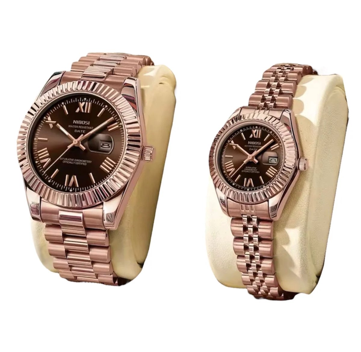 Nibosi - Heren en dames Horlogeset - Polshorloge - Heren - dames - Horloge - Horlogedoos - Mannen - Rosé Chocolate Dial - RVS