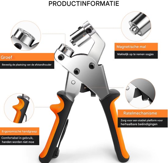 Grommettang met oranje handvatten en details: magnetische mal, ergonomische handgreep en ratelmechanisme.