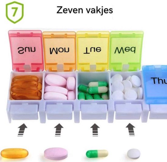 Een pillendoos met vijf gekleurde vakjes, gevuld met pillen en capsules.
