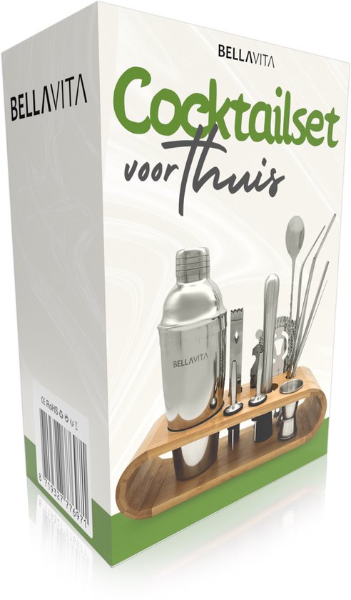 BELLAVITA ® Cocktail Set - 16-delig - 750ml - Cocktail shaker - Cocktailset - Cocktailshaker - Bartender set - Maatbeker - RVS - Bamboe - Drank - Drankjes maken - Feest