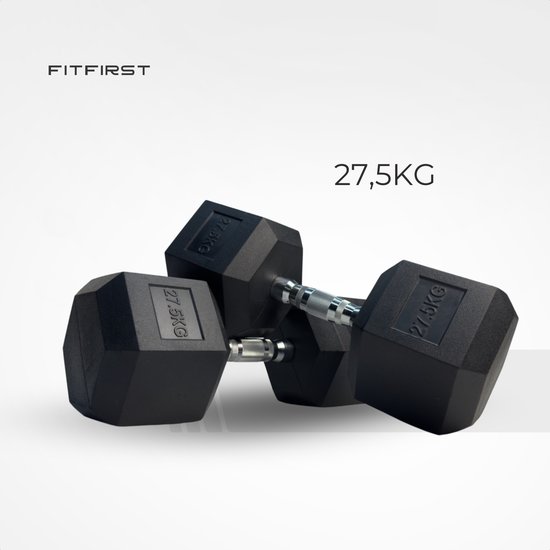 Twee zwarte FITFIRST hex-dumbbells van 27,5KG met chromen handvatten, liggend op een witte achtergrond.