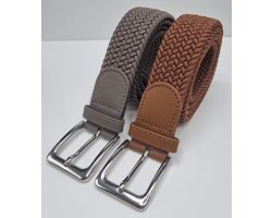 2 pack deal - Elastische riem - gevlochten broekriem - dames en heren riemen - Kleur 1 Licht bruin 2 Kaki 120 cm