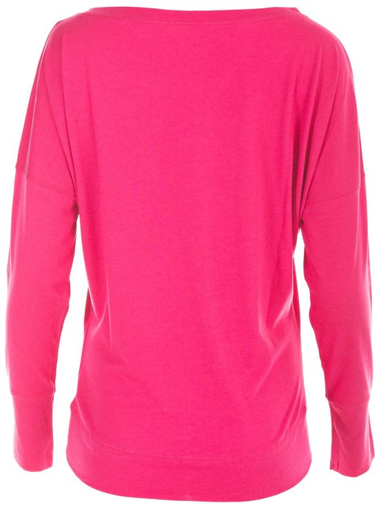 Roze longsleeve met wijde boothals, lange mouwen en boord aan de onderkant.