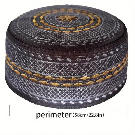 HIQIU Muts voor heren, islamitisch gebed, kufi hoed, Arabisch, Indianenhoed, beanie, muts, borduurwerk, platte gebedshoed, lichtgrijs, 56-58