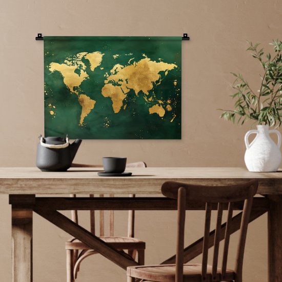 Wandkleed 60x45 cm - Wanddoek Wereldkaart - Groen - Goud - Wandtapijt - Wandkleden
