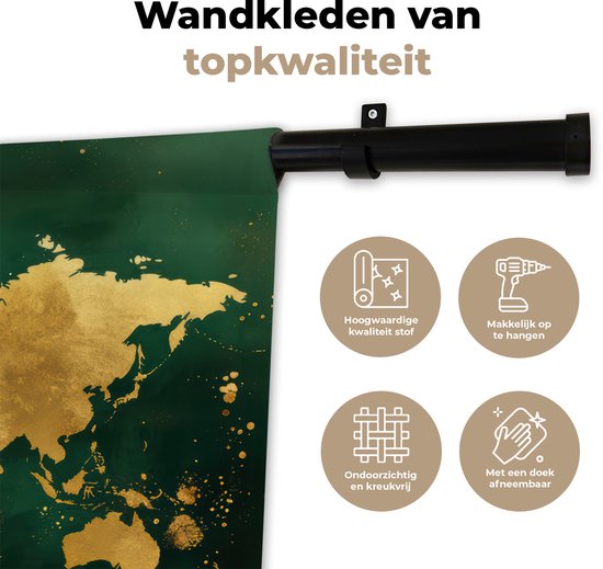 Wandkleed 60x45 cm - Wanddoek Wereldkaart - Groen - Goud - Wandtapijt - Wandkleden