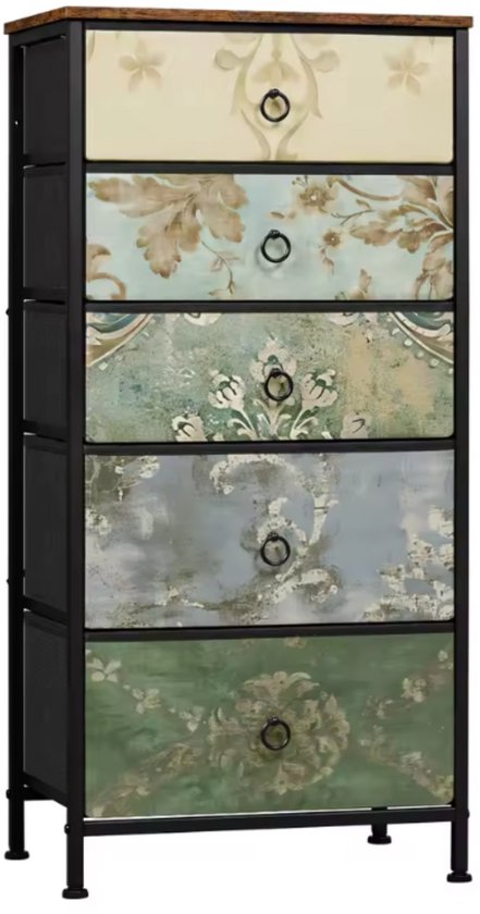 Commode 5 tiroirs - Buffet aspect bois Vintage et structure en métal - Pour chambre, salon ou couloir - Léger et robuste - Meuble de rangement avec plateau - 45,5 x 95,5 x 30 cm - Motif floral