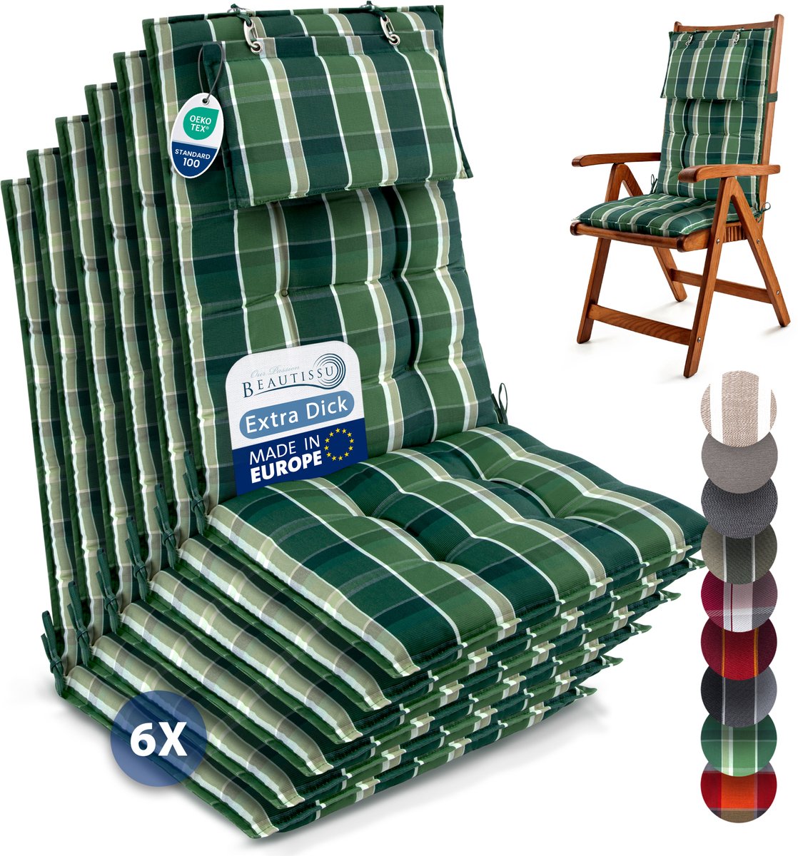 Beautissu Sun-HL - Set van 6 Premium Hoge Rugleuning Kussen met Hoofdkussen 120x50 cm – UV-bestendig & 8cm Dik Kussen Tuinstoelkussen Antislip Bevestigingsbanden – Stevige Stof Groen geblokt