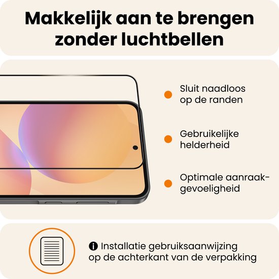 Schermprotector met zwarte randen geplaatst op een smartphone. Sluit naadloos op de randen, bruikelijke helderheid, optimale aanraakgevoeligheid.