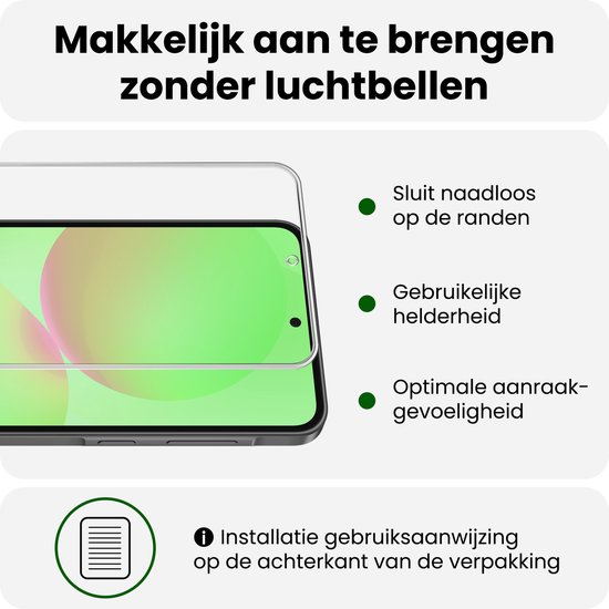 Schermprotector 'Makkelijk aan te brengen zonder luchtbellen'. 'Sluit naadloos op de randen', 'Gebruikelijke helderheid', 'Optimale aanraakgevoeligheid'.