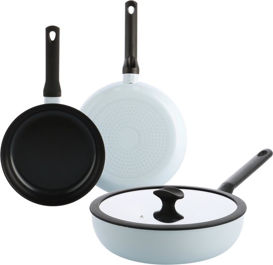 Ensemble de poêles BK Enjoy - Wok 28 cm et Poêles à frire 24/28 cm - Bleu clair - Sans PFAS - Bleu clair - Poignées refroidissantes - Résistant au four jusqu'à 160 °C