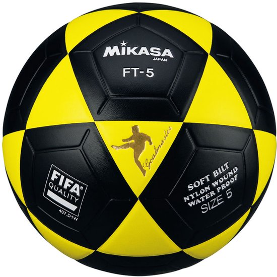 Mikasa FT-5 Goalmaster voetbal met zwarte en gele panelen, FIFA Quality, maat 5.