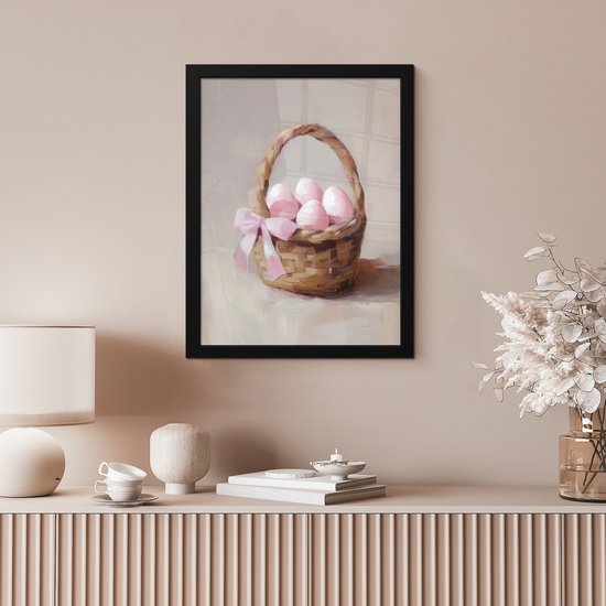 Poster in lijst - Fotolijst 30x40 cm - Posters - Mand - Eieren - Roze - Posterlijst zwart - Decoratie - Wanddecoratie woonkamer - Muurdecoratie slaapkamer