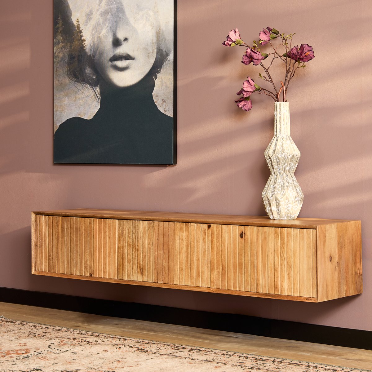 Meubels4nu - Zwevend TV Meubel - 160cm - Mangohout - Lattenpatroon - Stevig - Landelijk - Snelle levering - Tv meubel aan de muur