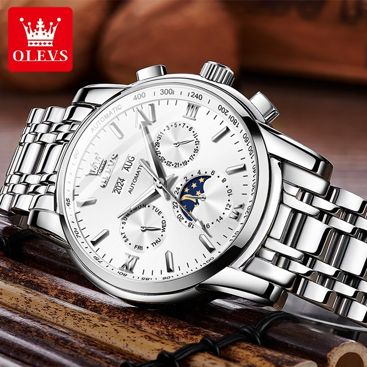 HO-6633.z : OLEVS mechanisch zilverkl edelstaal horloge, zilverwit wijzerplaat, tachymeter, maand-dag, week-dag, jaar, maand, 24u maanfase - aanduiding