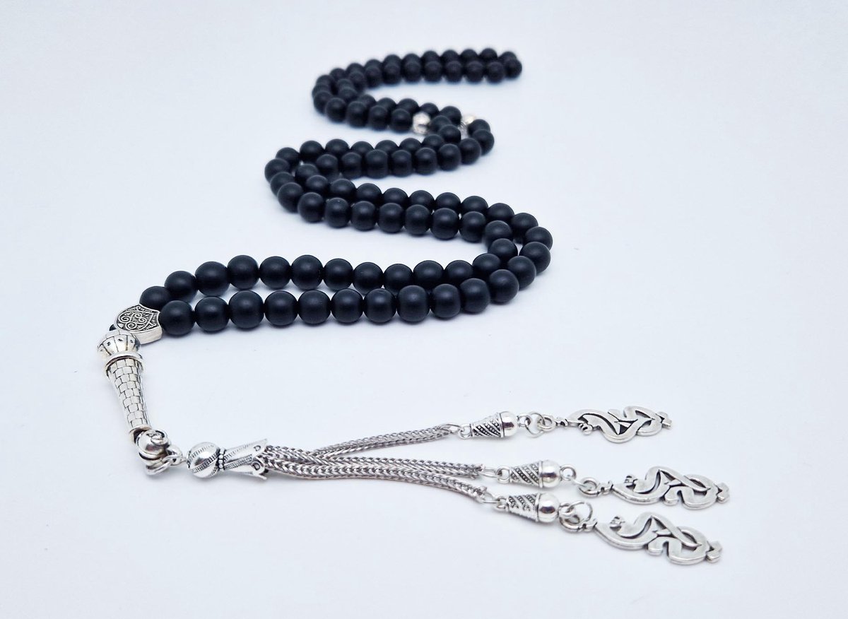 Handgemaakte tesbih "Tasbih" natuursteen "Mat zwart onyx" - Aantal kralen 99 - Diameter kralen 8MM - met metaal tassel "Moeder" - Een mooi cadeau-idee
