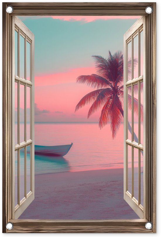 Gards Tuinposter Tropisch Strand met een Palmboom - 40x40 cm - Tuindoek