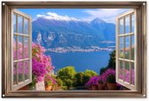 Tuinposter 120x80 cm - Tuindecoratie Doorkijk - Berg - Landschap - Uitzicht - Meer - Poster voor in de tuin - Buiten decoratie - Schutting tuinschilderij - Tuindoek muurdecoratie - Wanddecoratie balkondoek