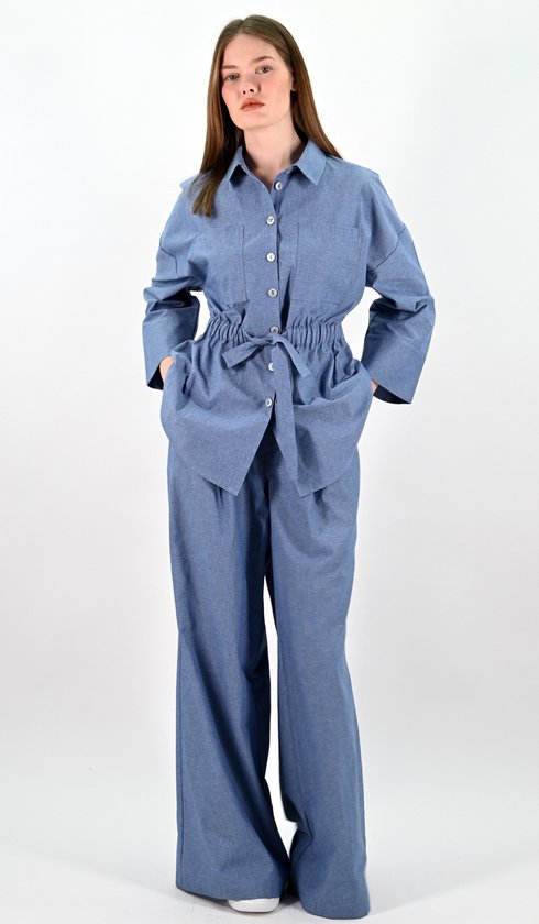YesMooi - Chemisier Look Denim avec ceinture à nouer - L (40) - 100 % Katoen