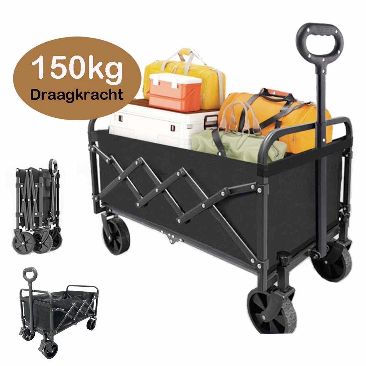 Outdoor Vierwielig-150kg draagvermogen(Kleur:Zwart)-Bolderkar Opvouwbaar en draagbaar-Picknick, Supermarkt, Vissen, Boodschappen doen - Boodschappenwagentje, Kampeerwagentje - Opvouwbare staarttafeltrolleys 66*41.5*47.5cm