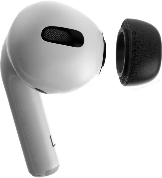 AirPod blanc avec un embout d'oreille noir détaché et un embout noir.