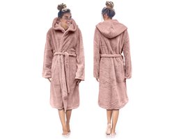 LINNICK Teddy Fleece Badjas met Capuchon inclusief Teddy Tas - Light Pink - S - Badjas Dames - Badjas Heren