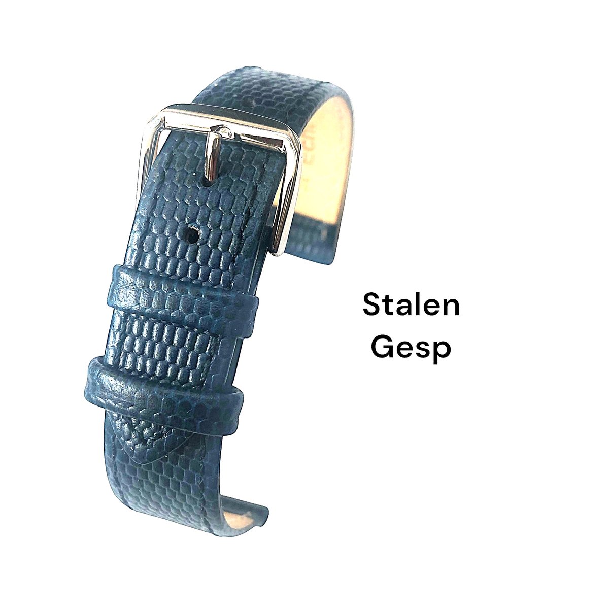Horlogeband-horlogebandje-14mm-blauw-lizard-print-kalfsleer-zacht-echt leer-plat-stalen gesp-14 mm